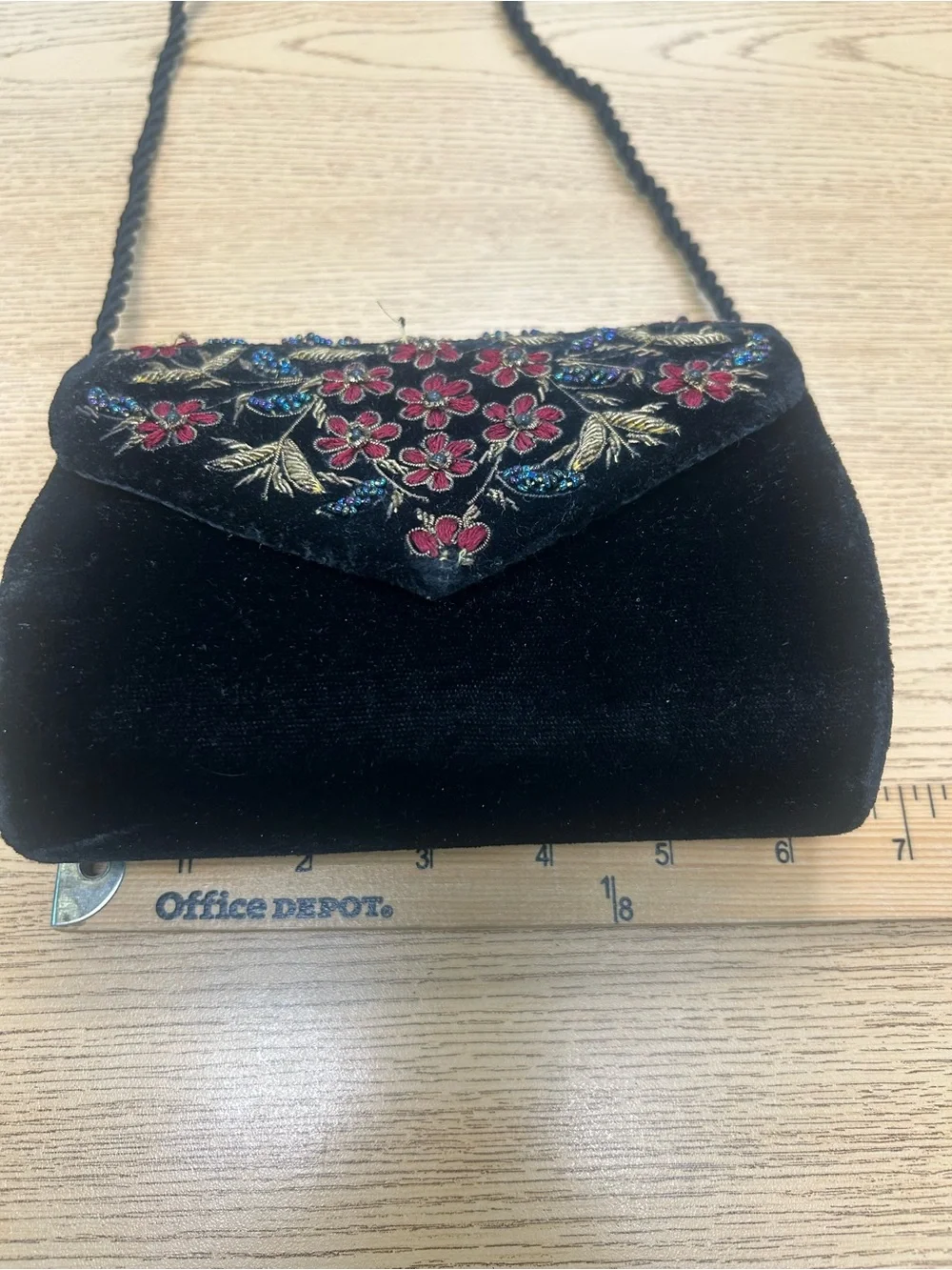 Vintage Embroidered Black Velvet evening Bag/clutch with Red Floral Accents